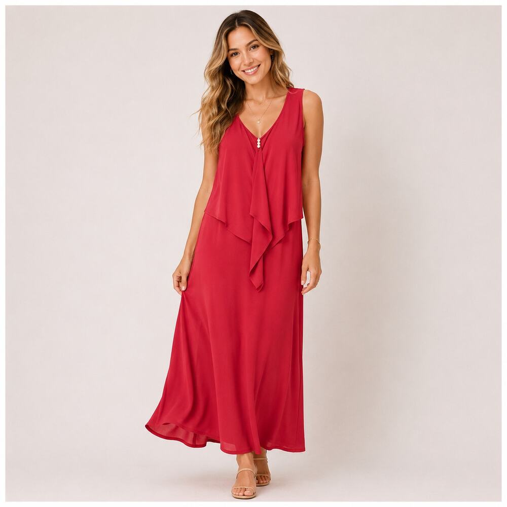 Susan Graver Liquid Knit Maxi Dress Women's Size MP Coral Pin Wedding Guest